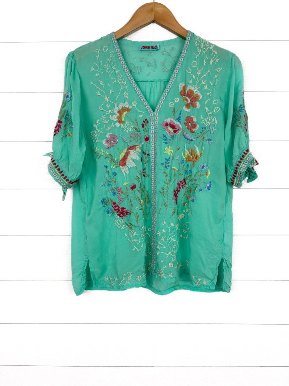 Johnny Was Cosette Blouse Turquoise Embroidered Tie Cuff Short Sleeve Large